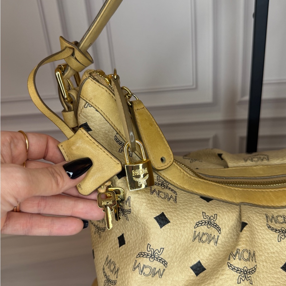 MCM Light Beige Visetos Leather Monogram Hobo Shoulder Bag | Lock & Key Included - Picture 6 of 12